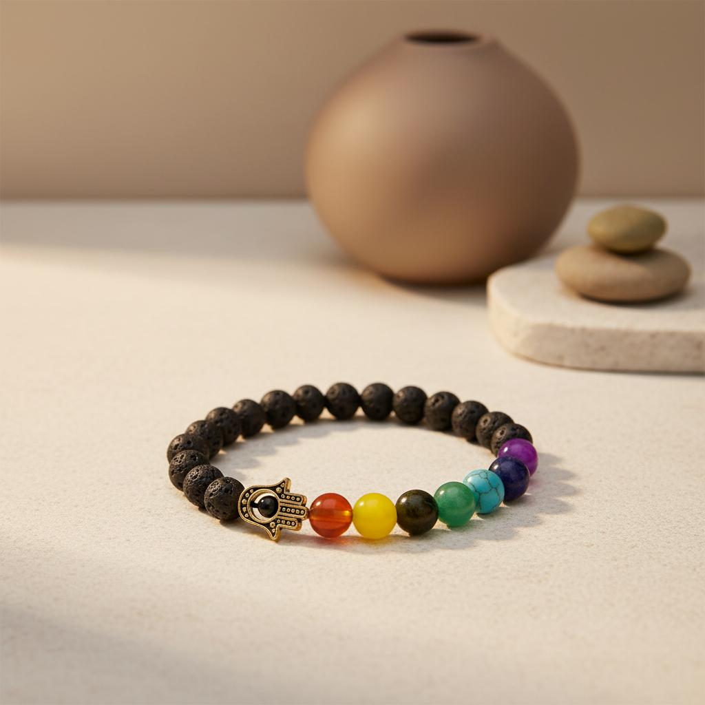 Pulseira de Pedra de Lava - Hamsa - Chakra