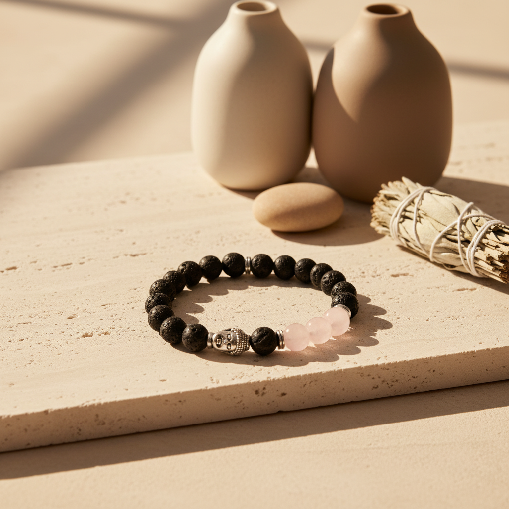 Pulseira de Pedra de Lava Quartz Rosa