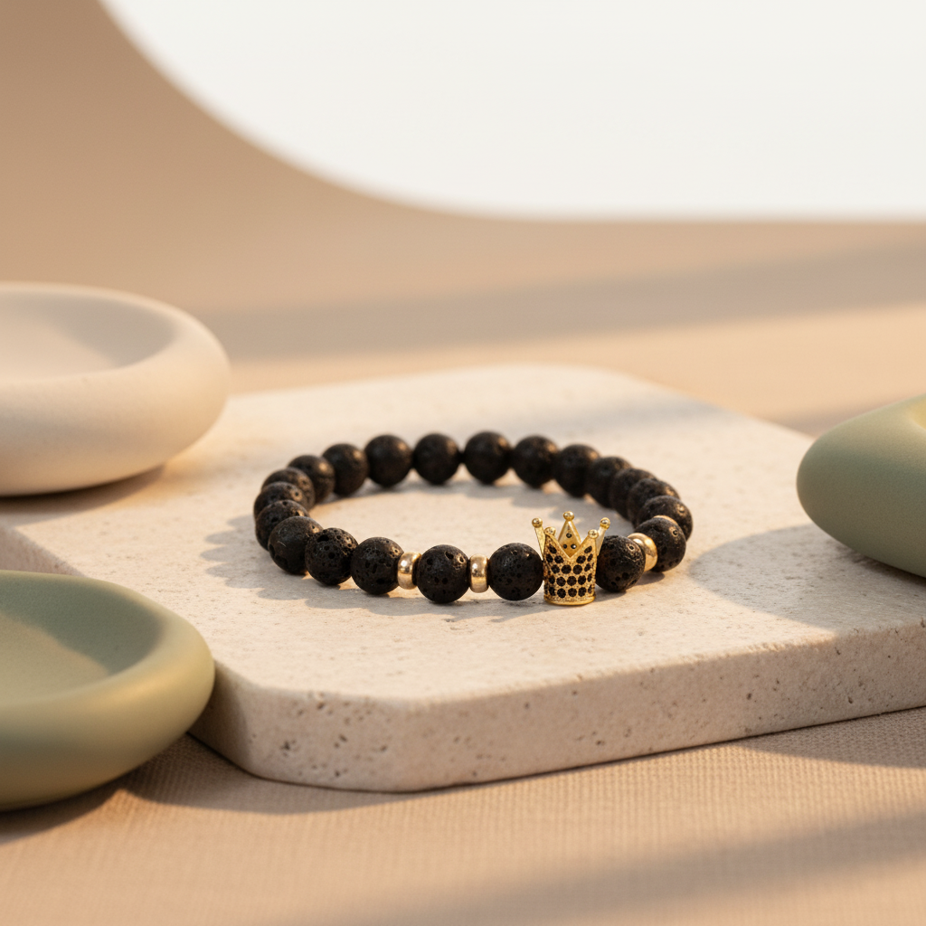 Pulseira de pedra lava com coroa dourada